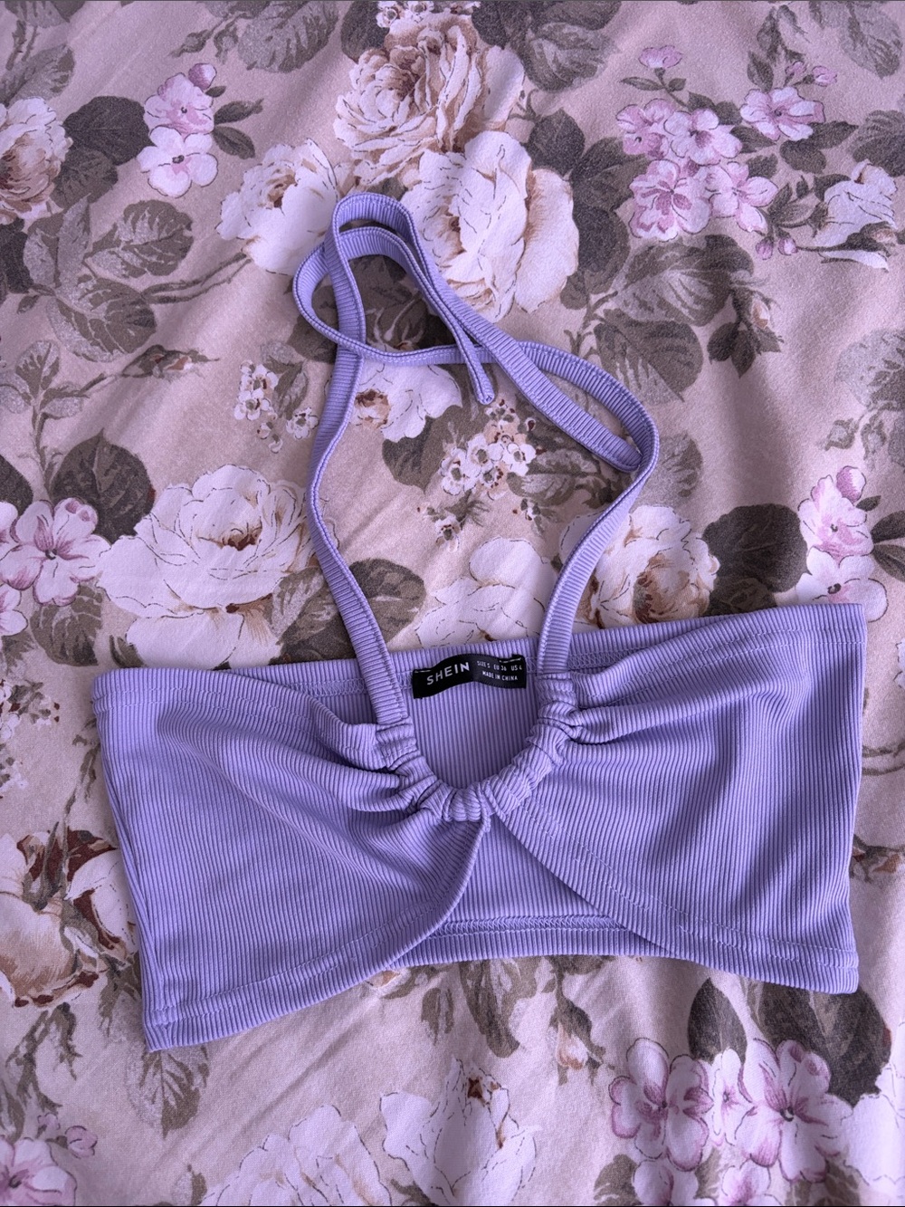 SHEIN Lavender Ribbed Halter Tie Crop Top